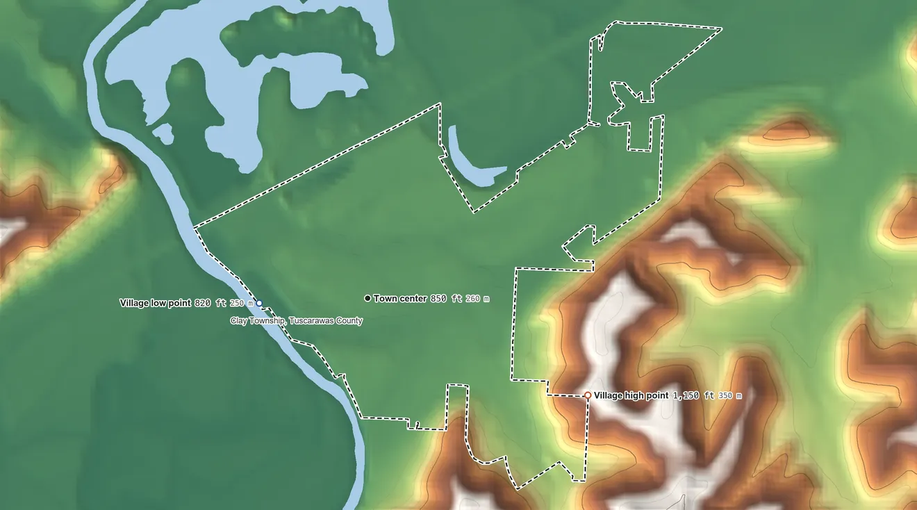 Topographic elevation map of Gnadenhutten, Ohio, shaded from 820 ft on the west side to 1,150 ft on the southeast side