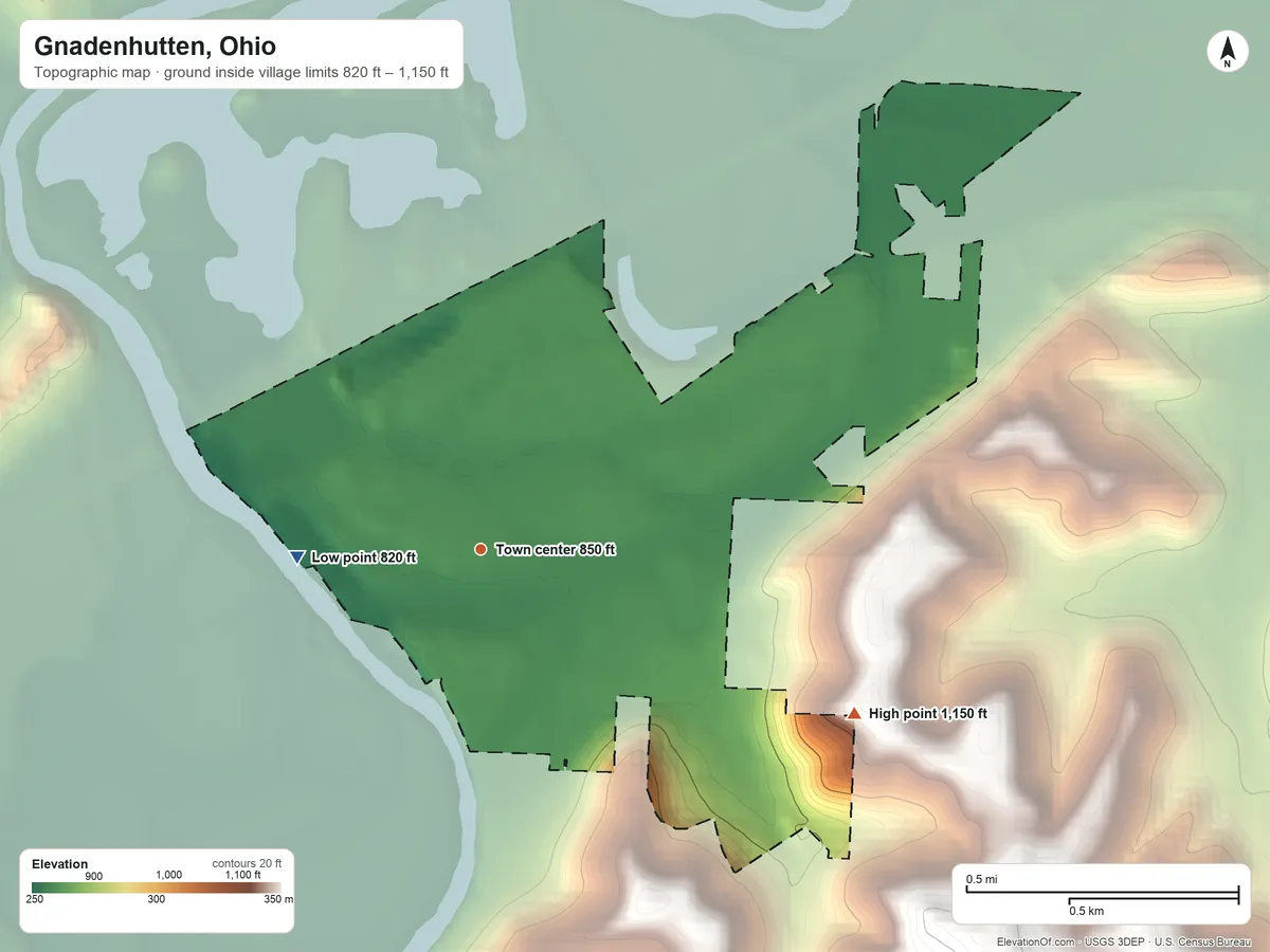 Topographic elevation map of Gnadenhutten, Ohio, shaded from 820 ft on the west side to 1,150 ft on the southeast side