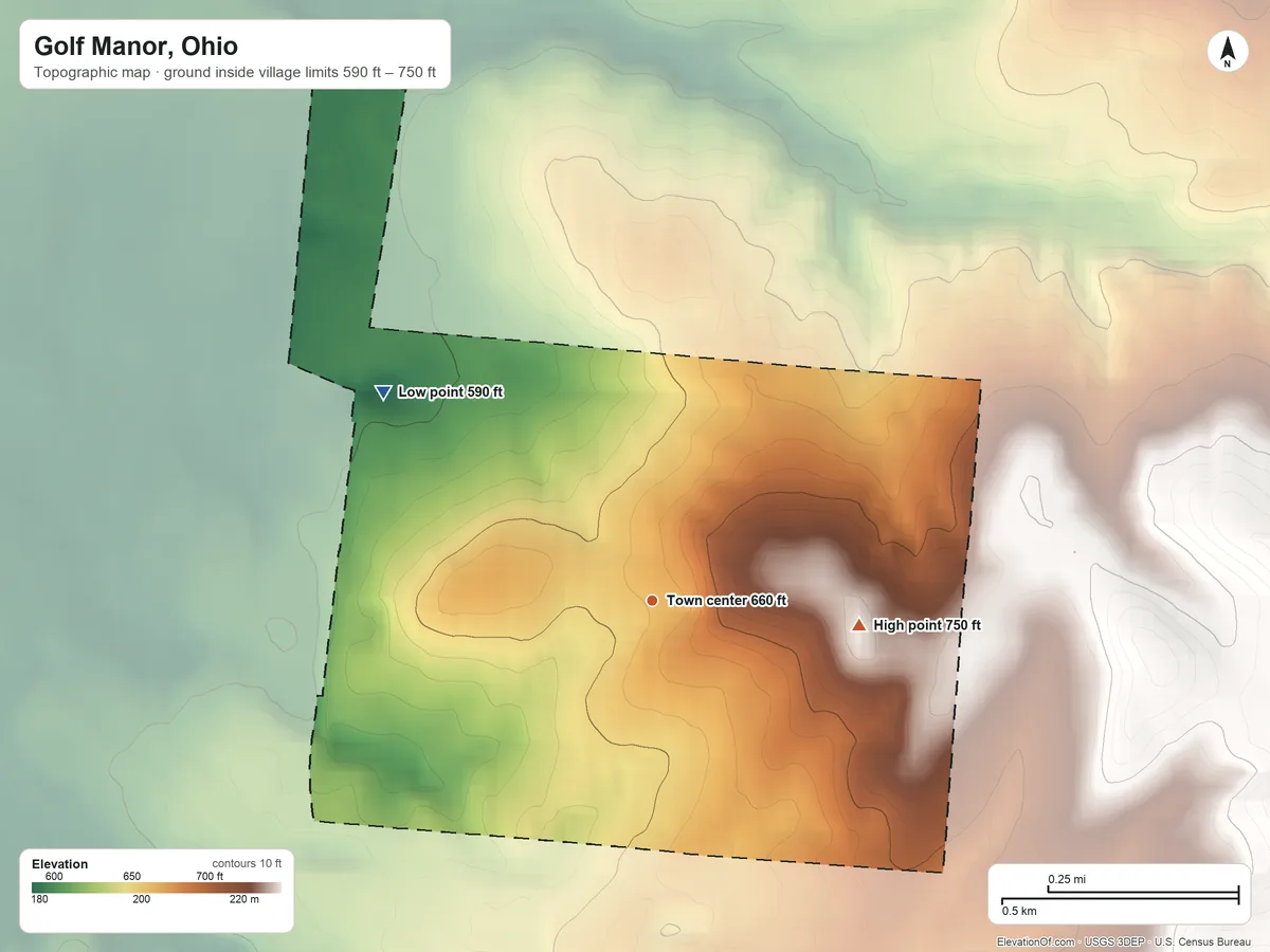 Topographic elevation map of Golf Manor, Ohio, shaded from 590 ft on the northwest side to 750 ft on the east side