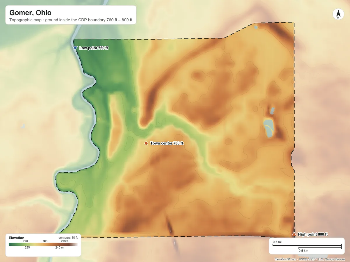 Topographic elevation map of Gomer, Ohio, shaded from 760 ft on the northwest side to 800 ft on the southeast side