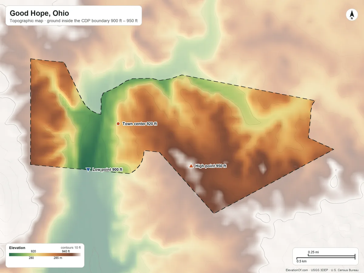 Topographic elevation map of Good Hope, Ohio, shaded from 900 ft on the southwest side to 950 ft on the southeast side