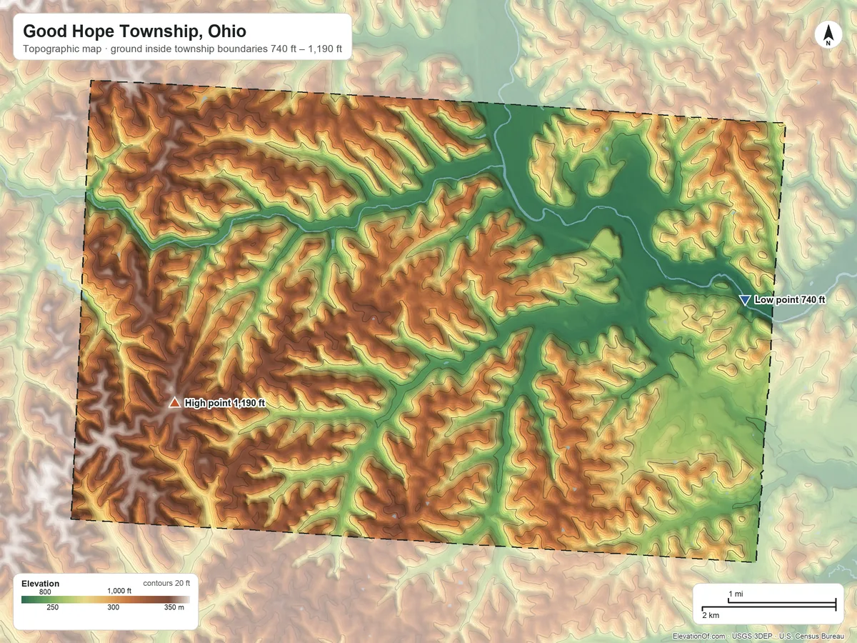 Topographic elevation map of Good Hope Township, Ohio, shaded from 740 ft on the east side to 1,190 ft on the west side