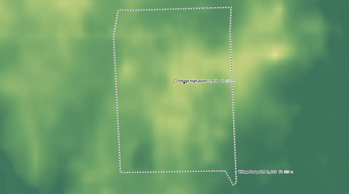 Topographic elevation map of Gordon, Ohio, shaded from 1,040 ft on the southeast side to 1,050 ft near the middle