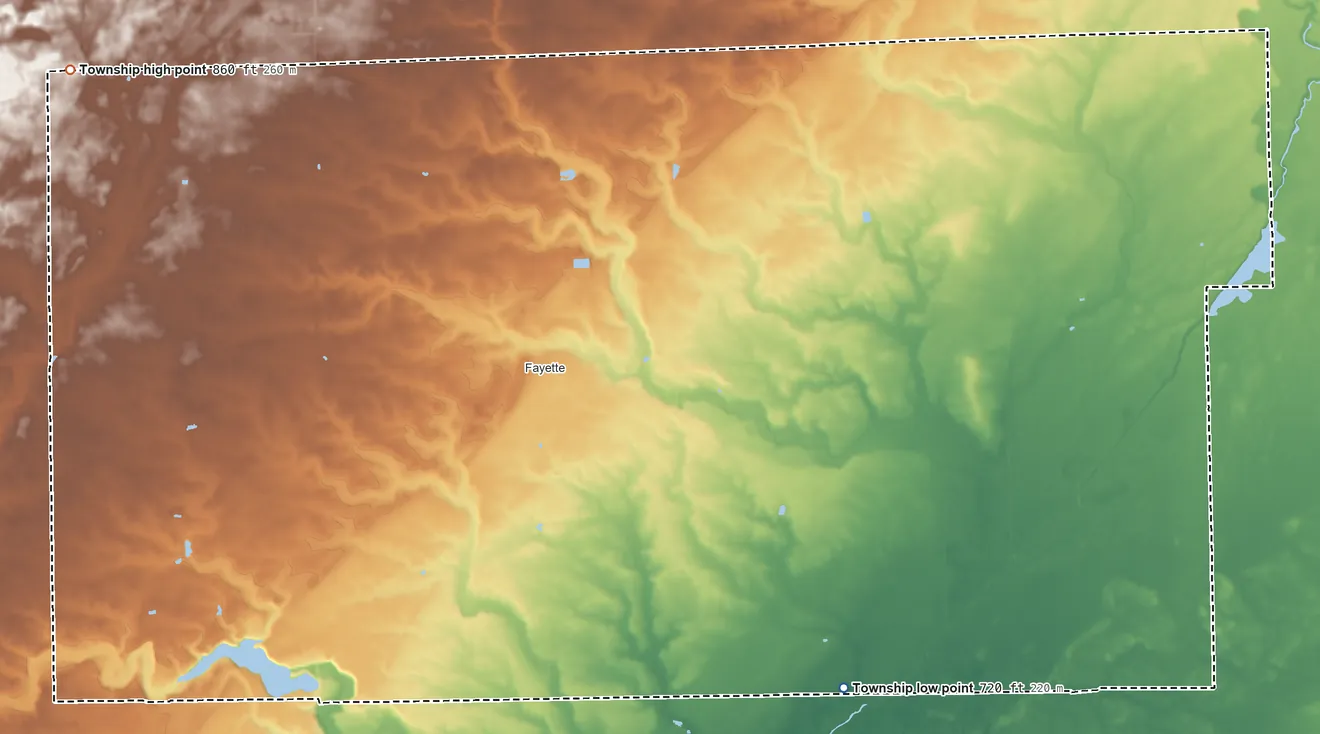 Topographic elevation map of Gorham Township, Ohio, shaded from 720 ft on the southeast side to 860 ft on the northwest side
