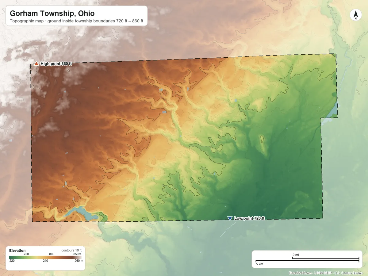 Topographic elevation map of Gorham Township, Ohio, shaded from 720 ft on the southeast side to 860 ft on the northwest side