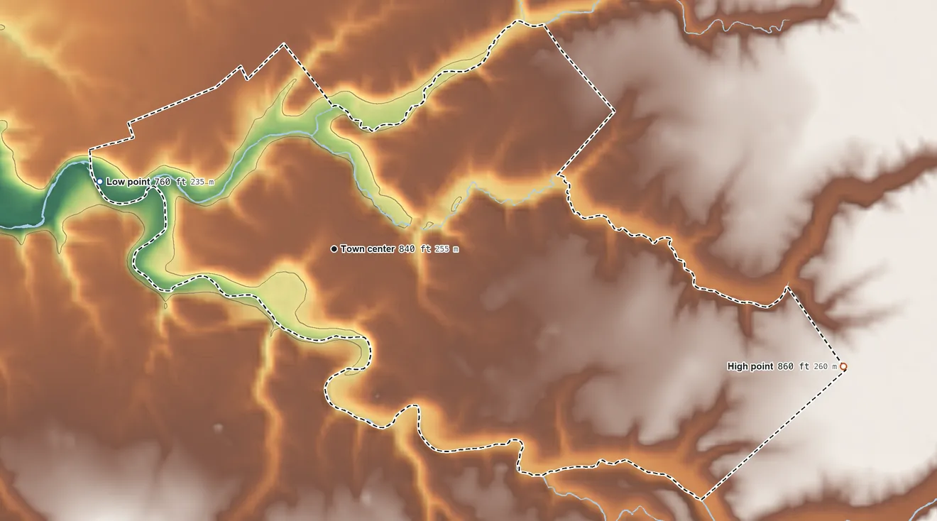 Topographic elevation map of Goshen, Ohio, shaded from 760 ft on the west side to 860 ft on the east side