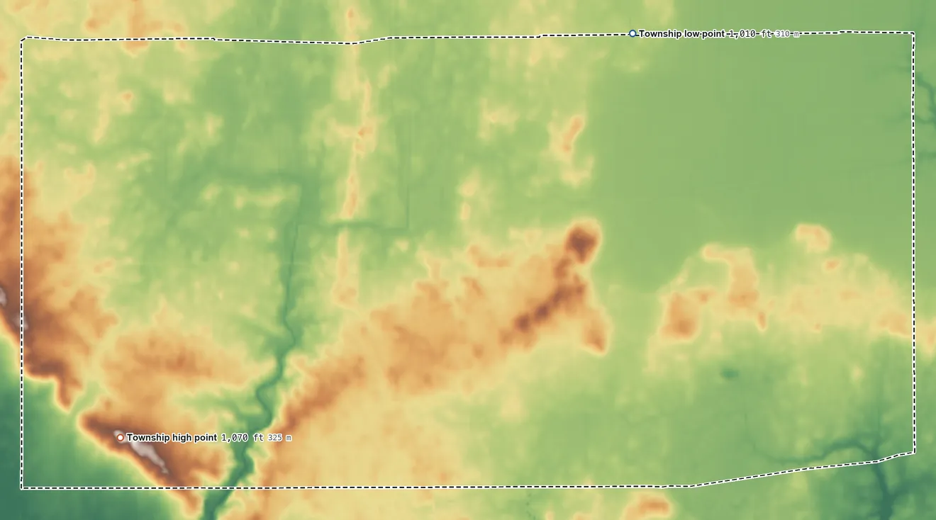 Topographic elevation map of Goshen Township, Auglaize County, Ohio, shaded from 1,010 ft on the northeast side to 1,070 ft on the southwest side