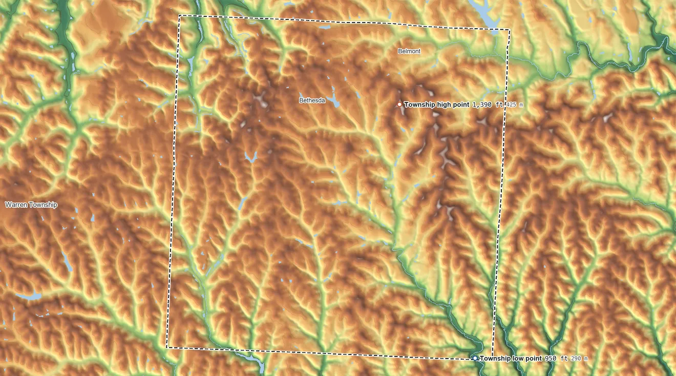 Topographic elevation map of Goshen Township, Belmont County, Ohio, shaded from 950 ft on the southeast side to 1,390 ft on the east side