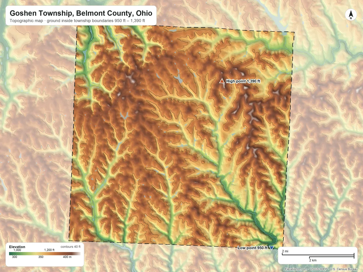Topographic elevation map of Goshen Township, Belmont County, Ohio, shaded from 950 ft on the southeast side to 1,390 ft on the east side