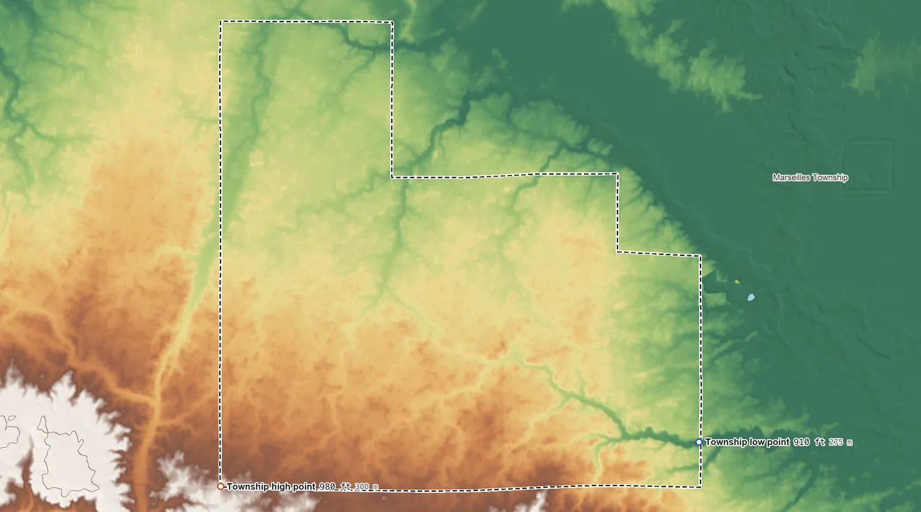 Topographic elevation map of Goshen Township, Hardin County, Ohio, shaded from 910 ft on the southeast side to 980 ft on the southwest side