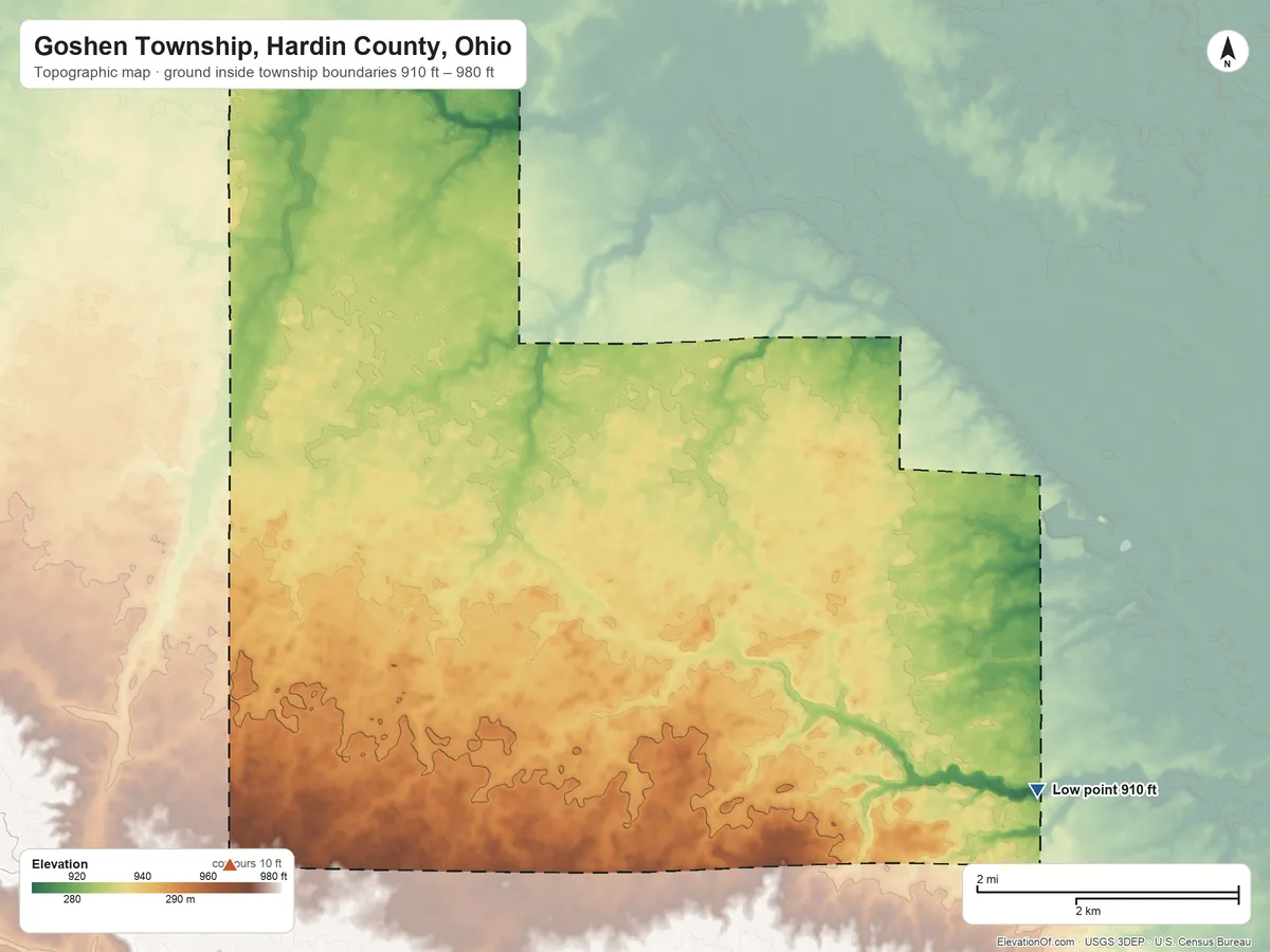 Topographic elevation map of Goshen Township, Hardin County, Ohio, shaded from 910 ft on the southeast side to 980 ft on the southwest side