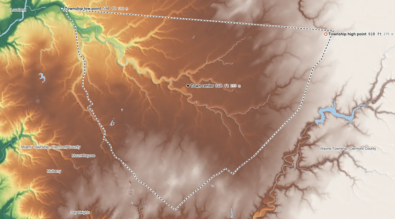 Topographic elevation map of Goshen Township, Ohio, shaded from 590 ft on the northwest side to 910 ft on the east side
