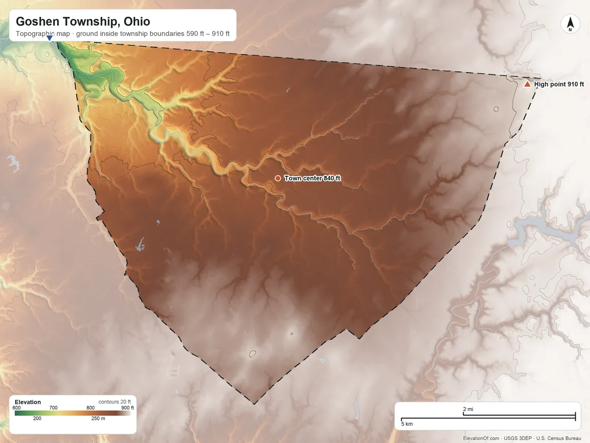 Topographic elevation map of Goshen Township, Ohio, shaded from 590 ft on the northwest side to 910 ft on the east side