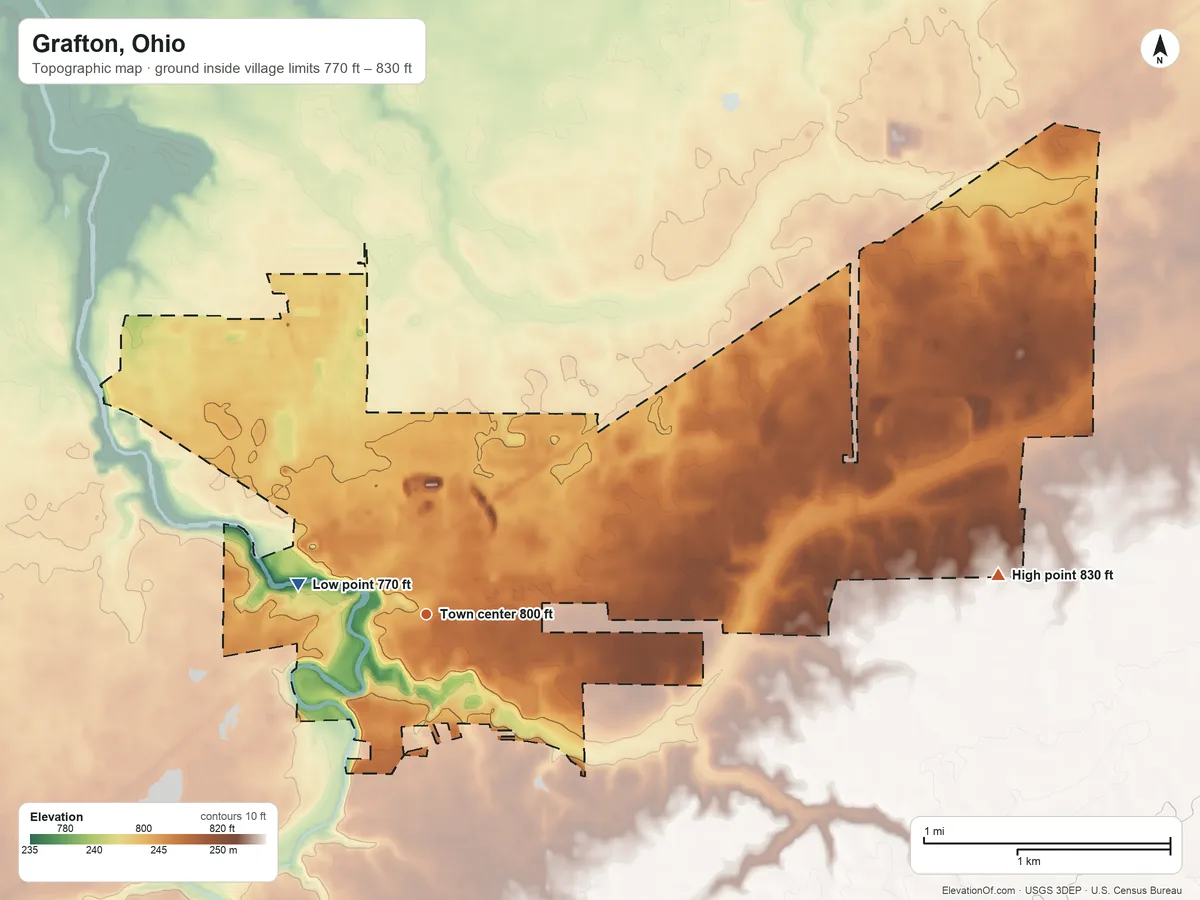 Topographic elevation map of Grafton, Ohio, shaded from 770 ft on the west side to 830 ft on the east side