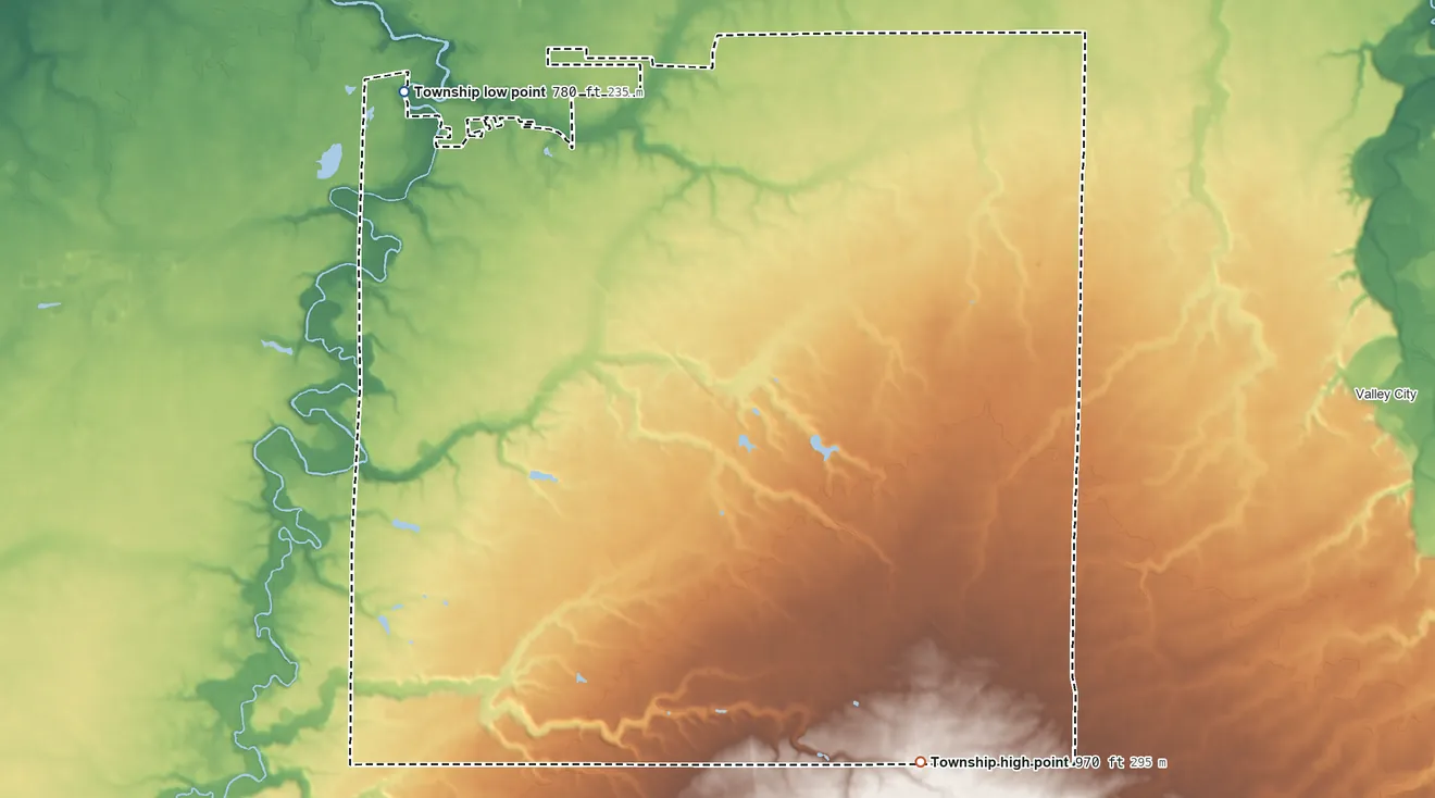 Topographic elevation map of Grafton Township, Ohio, shaded from 780 ft on the northwest side to 970 ft on the southeast side