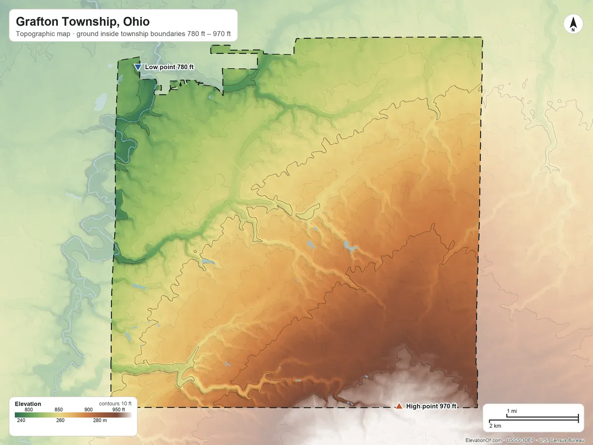 Topographic elevation map of Grafton Township, Ohio, shaded from 780 ft on the northwest side to 970 ft on the southeast side