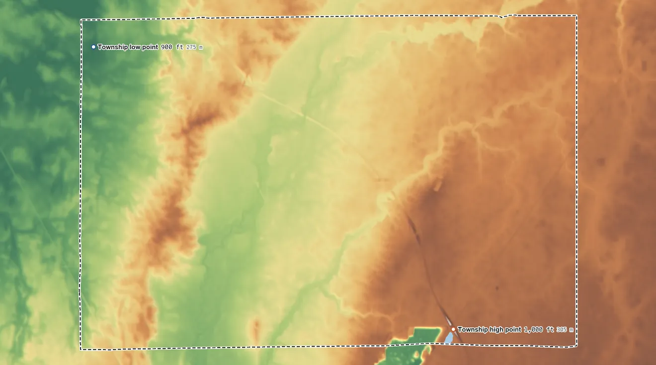 Topographic elevation map of Grand Prairie Township, Ohio, shaded from 900 ft on the northwest side to 1,000 ft on the southeast side