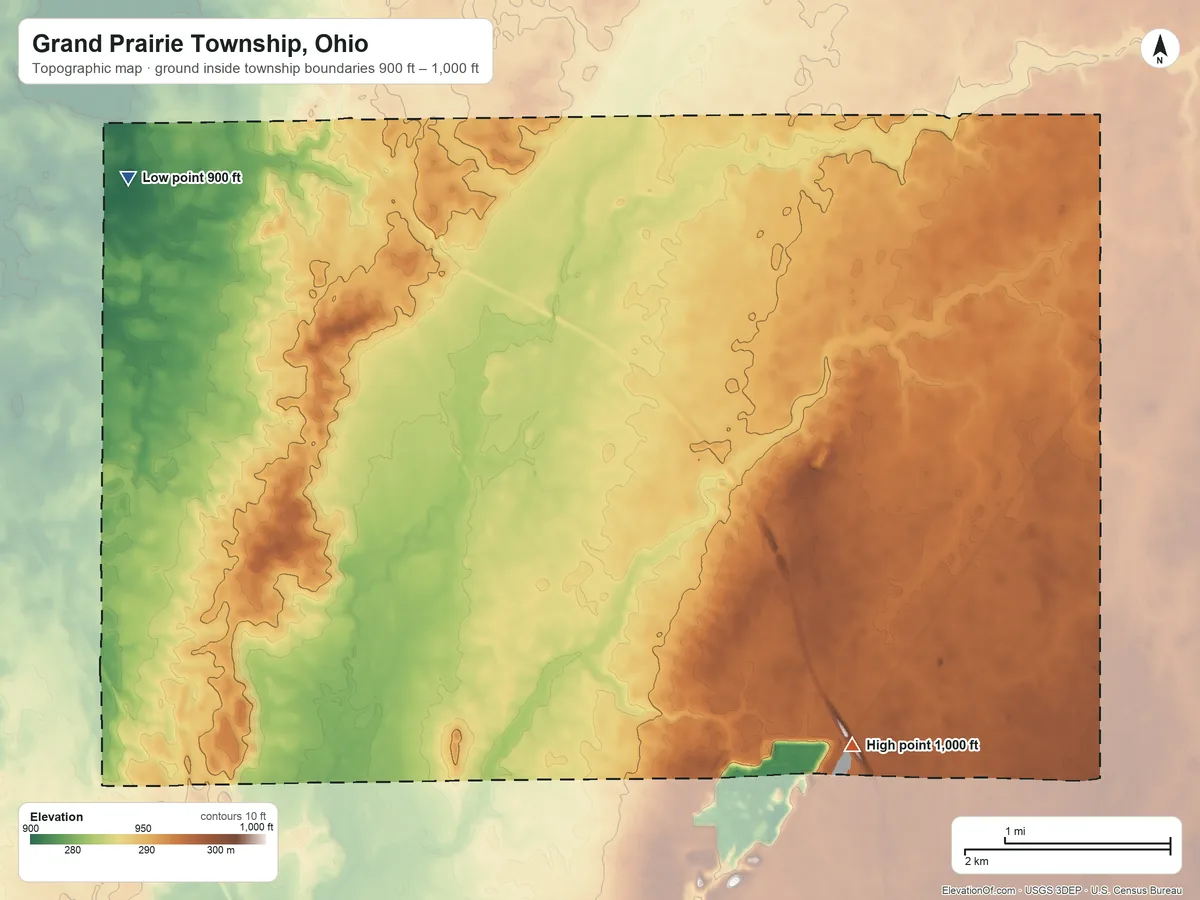 Topographic elevation map of Grand Prairie Township, Ohio, shaded from 900 ft on the northwest side to 1,000 ft on the southeast side