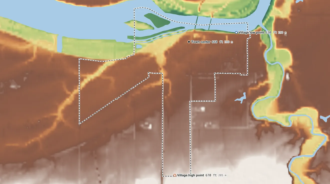 Topographic elevation map of Grand Rapids, Ohio, shaded from 630 ft on the east side to 670 ft on the south side