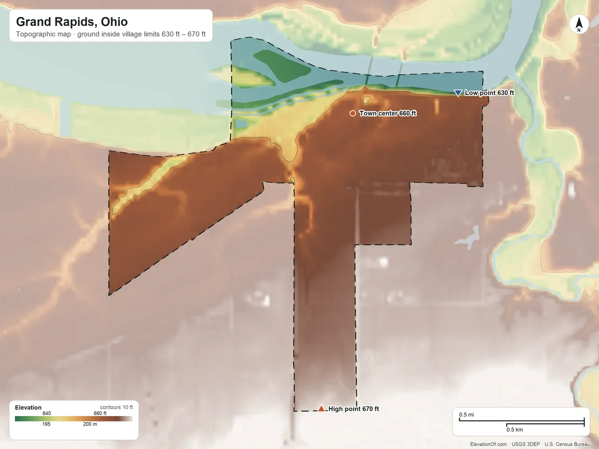 Topographic elevation map of Grand Rapids, Ohio, shaded from 630 ft on the east side to 670 ft on the south side