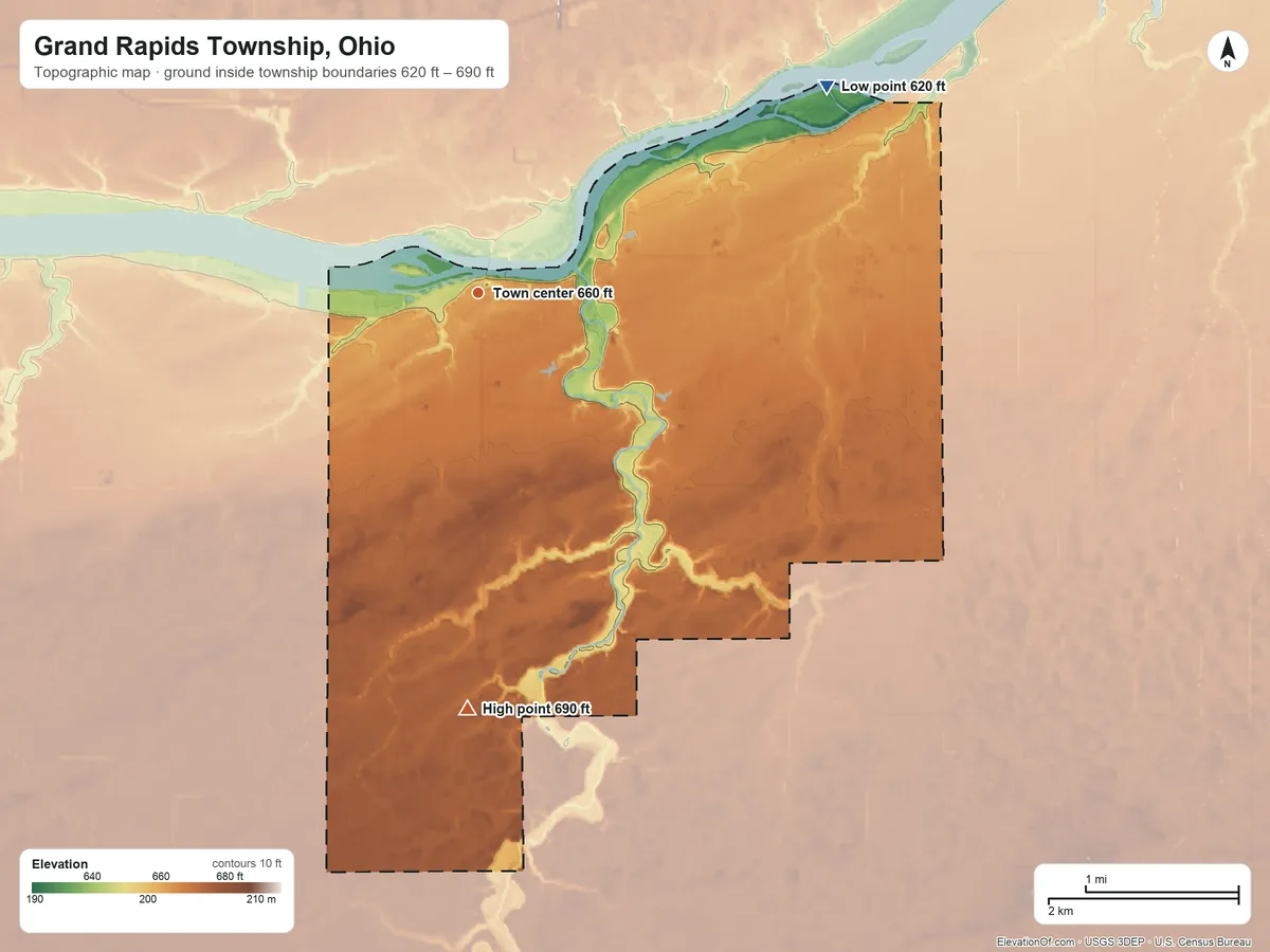 Topographic elevation map of Grand Rapids Township, Ohio, shaded from 620 ft on the northeast side to 690 ft on the south side