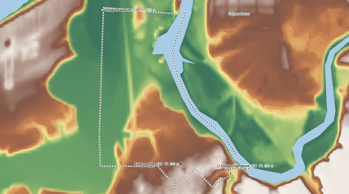 Topographic elevation map of Grand River, Ohio, shaded from 570 ft on the northwest side to 620 ft on the east side