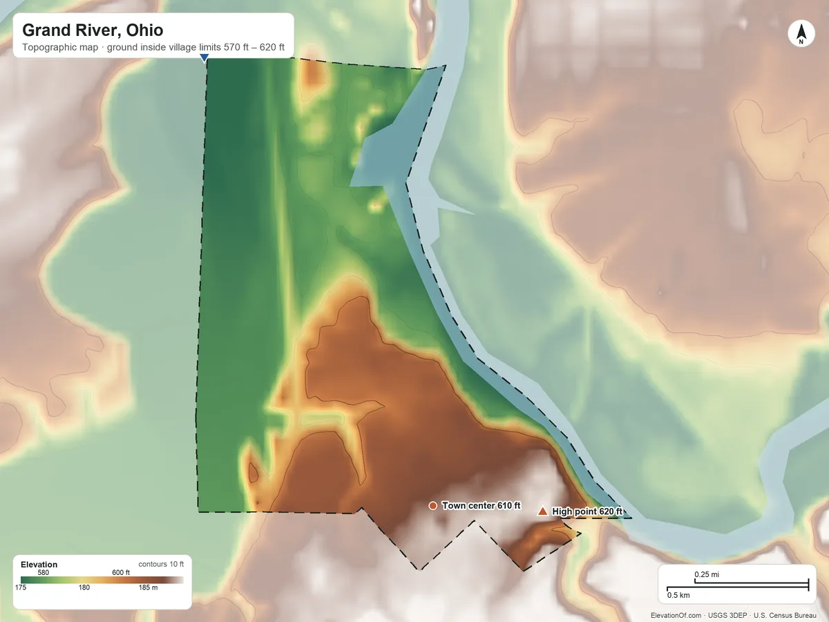Topographic elevation map of Grand River, Ohio, shaded from 570 ft on the northwest side to 620 ft on the east side