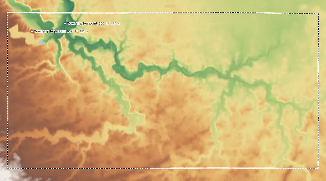 Topographic elevation map of Grand Township, Ohio, shaded from 860 ft on the northwest side to 930 ft on the west side