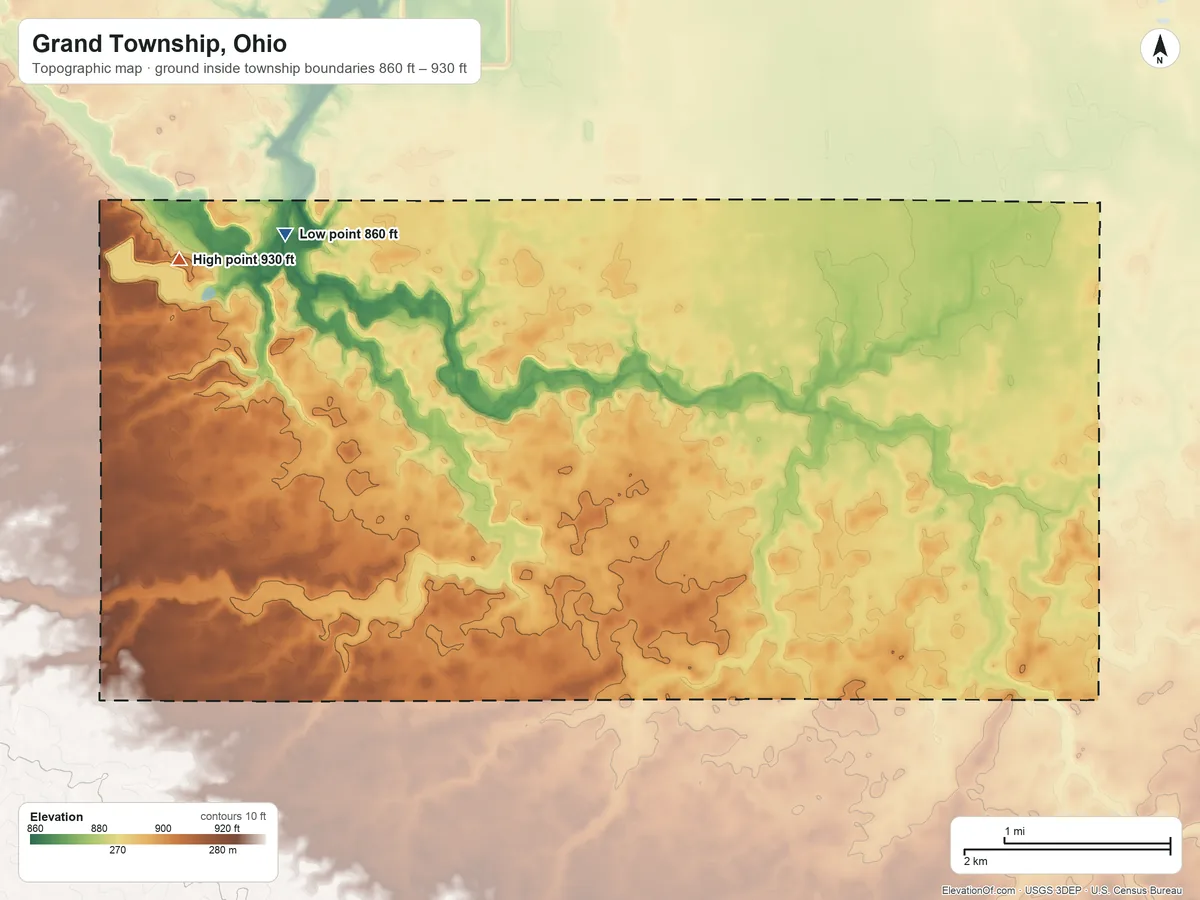 Topographic elevation map of Grand Township, Ohio, shaded from 860 ft on the northwest side to 930 ft on the west side