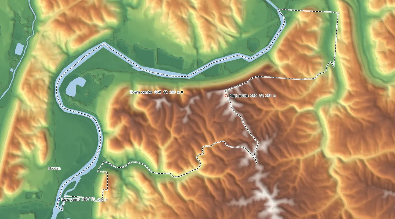 Topographic elevation map of Grandview, Ohio, shaded from 460 ft on the southwest side to 900 ft on the east side