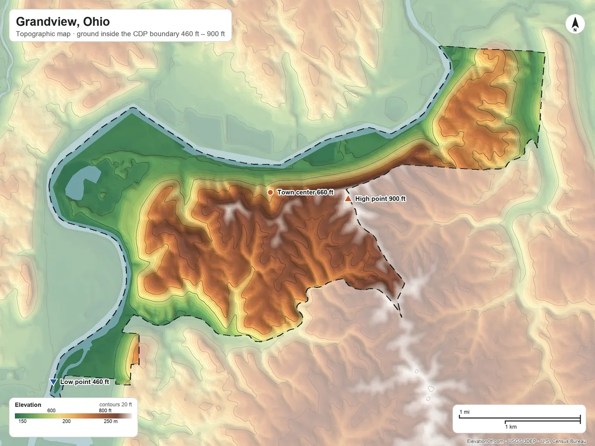 Topographic elevation map of Grandview, Ohio, shaded from 460 ft on the southwest side to 900 ft on the east side