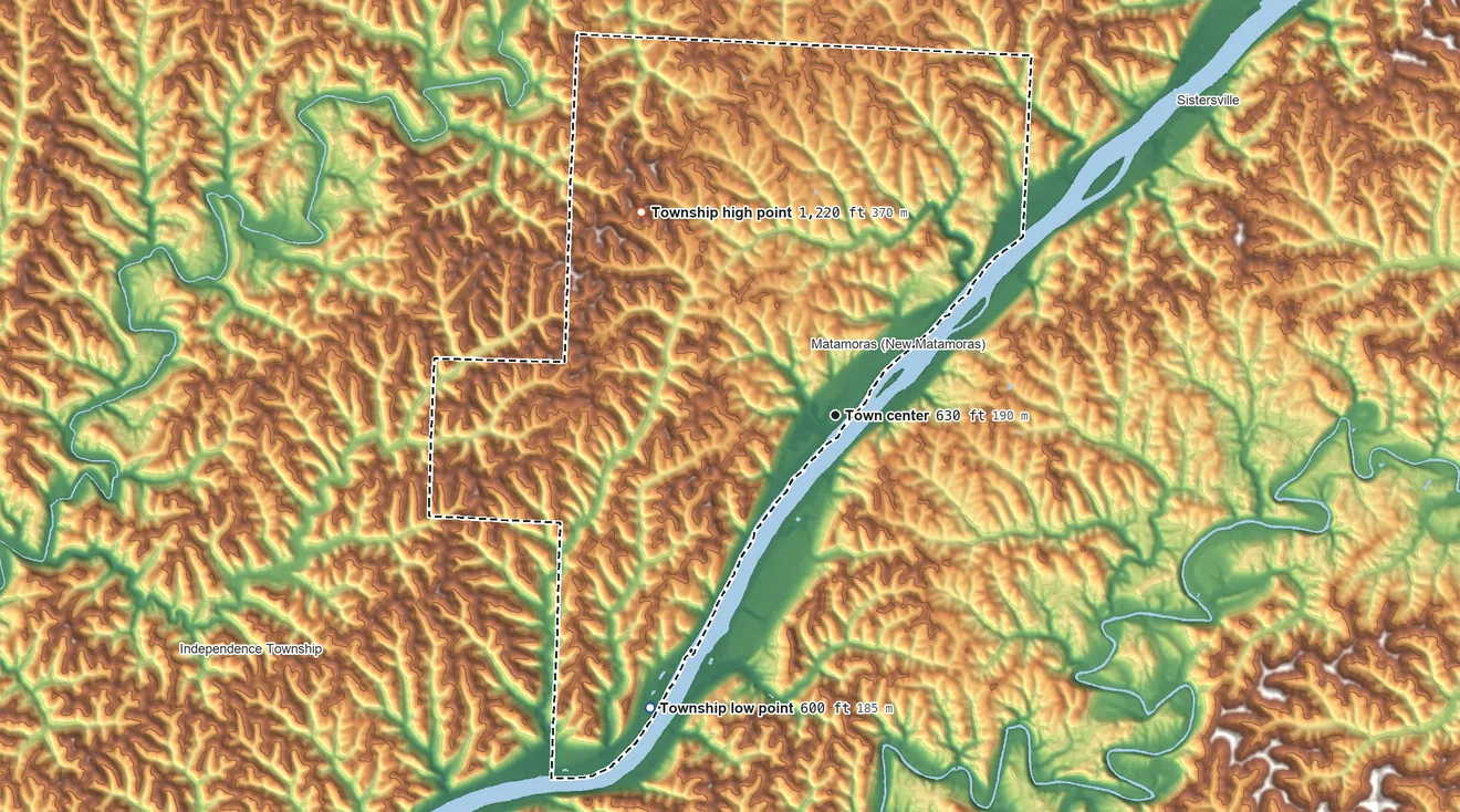 Topographic elevation map of Grandview Township, Ohio, shaded from 600 ft on the southwest side to 1,220 ft on the northwest side