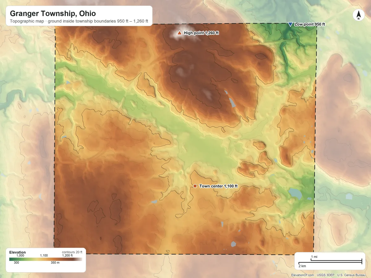 Topographic elevation map of Granger Township, Ohio, shaded from 950 ft on the northeast side to 1,260 ft on the north side