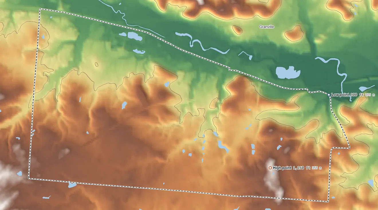 Topographic elevation map of Granville South, Ohio, shaded from 900 ft on the east side to 1,160 ft on the southeast side