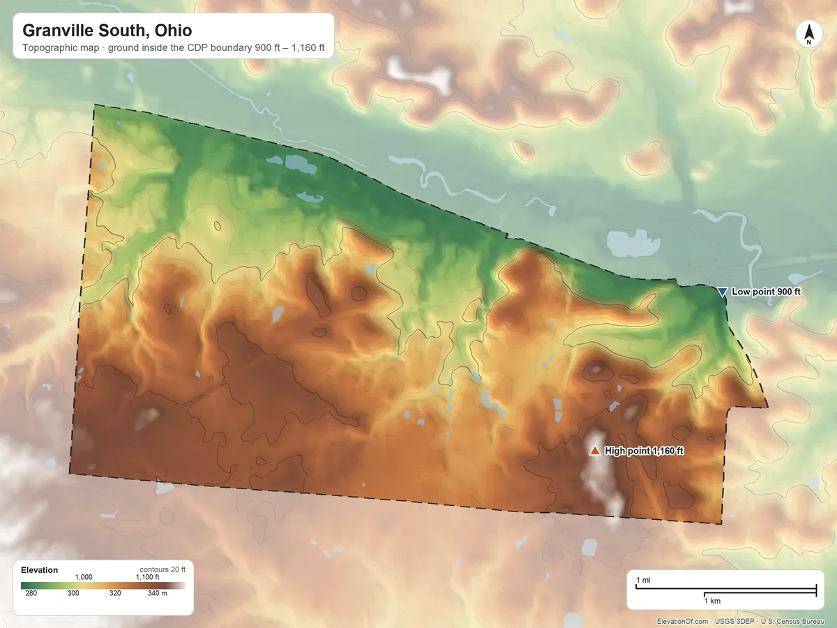 Topographic elevation map of Granville South, Ohio, shaded from 900 ft on the east side to 1,160 ft on the southeast side