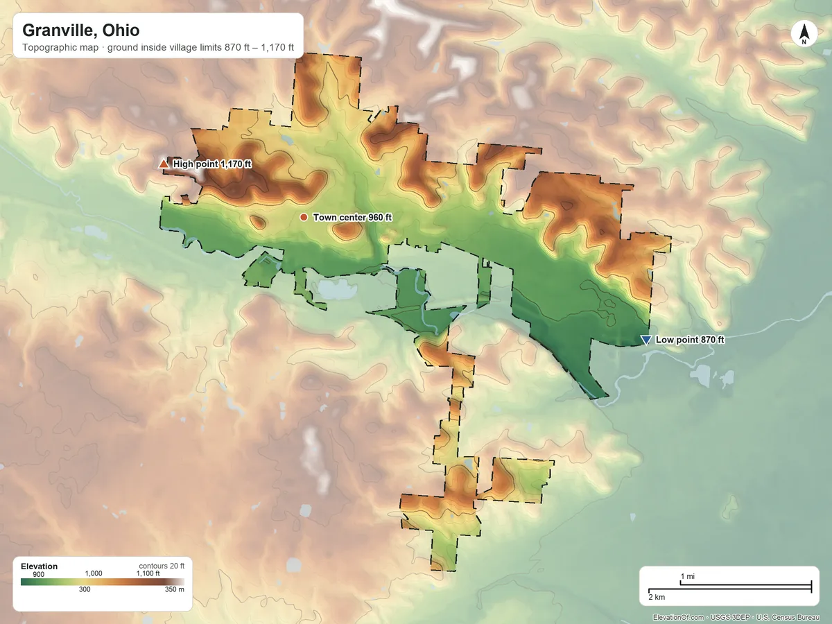 Topographic elevation map of Granville, Ohio, shaded from 870 ft on the east side to 1,170 ft on the west side