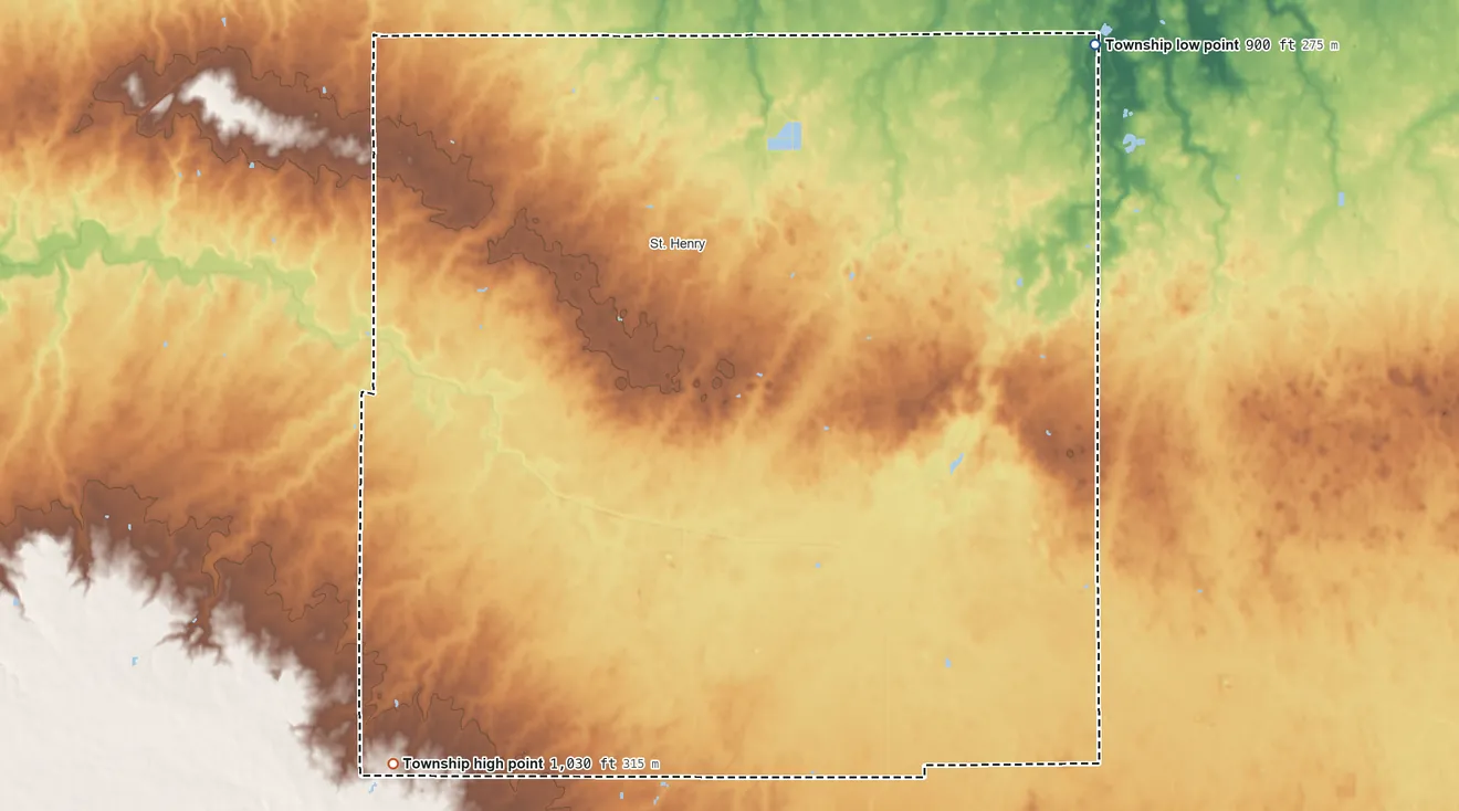 Topographic elevation map of Granville Township, Mercer County, Ohio, shaded from 900 ft on the northeast side to 1,030 ft on the southwest side