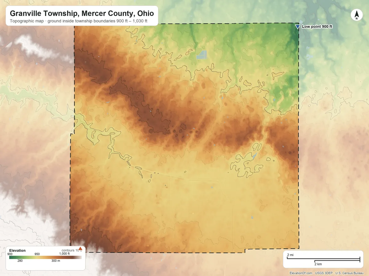 Topographic elevation map of Granville Township, Mercer County, Ohio, shaded from 900 ft on the northeast side to 1,030 ft on the southwest side