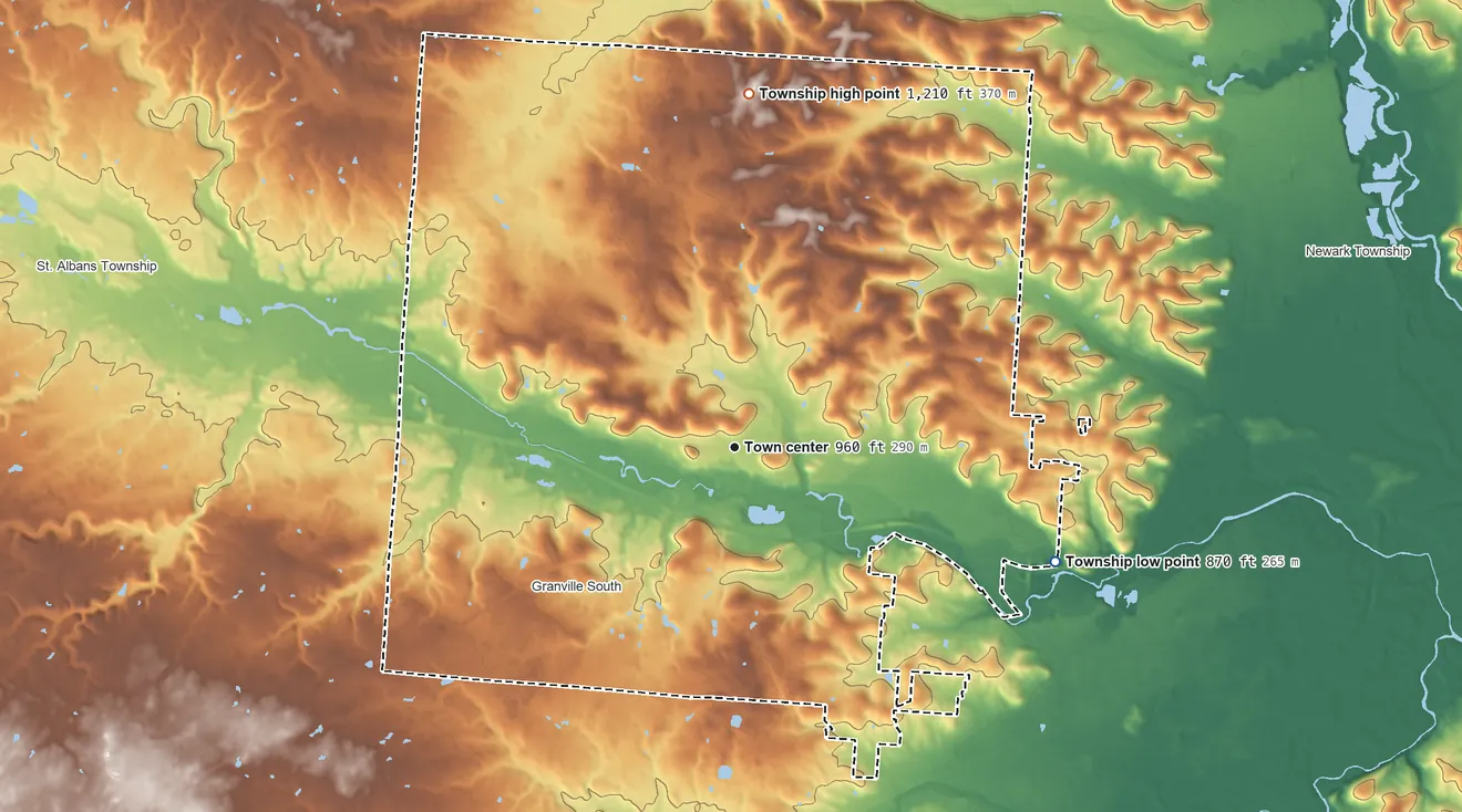 Topographic elevation map of Granville Township, Ohio, shaded from 870 ft on the east side to 1,210 ft on the north side