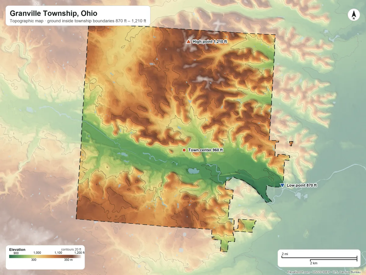 Topographic elevation map of Granville Township, Ohio, shaded from 870 ft on the east side to 1,210 ft on the north side