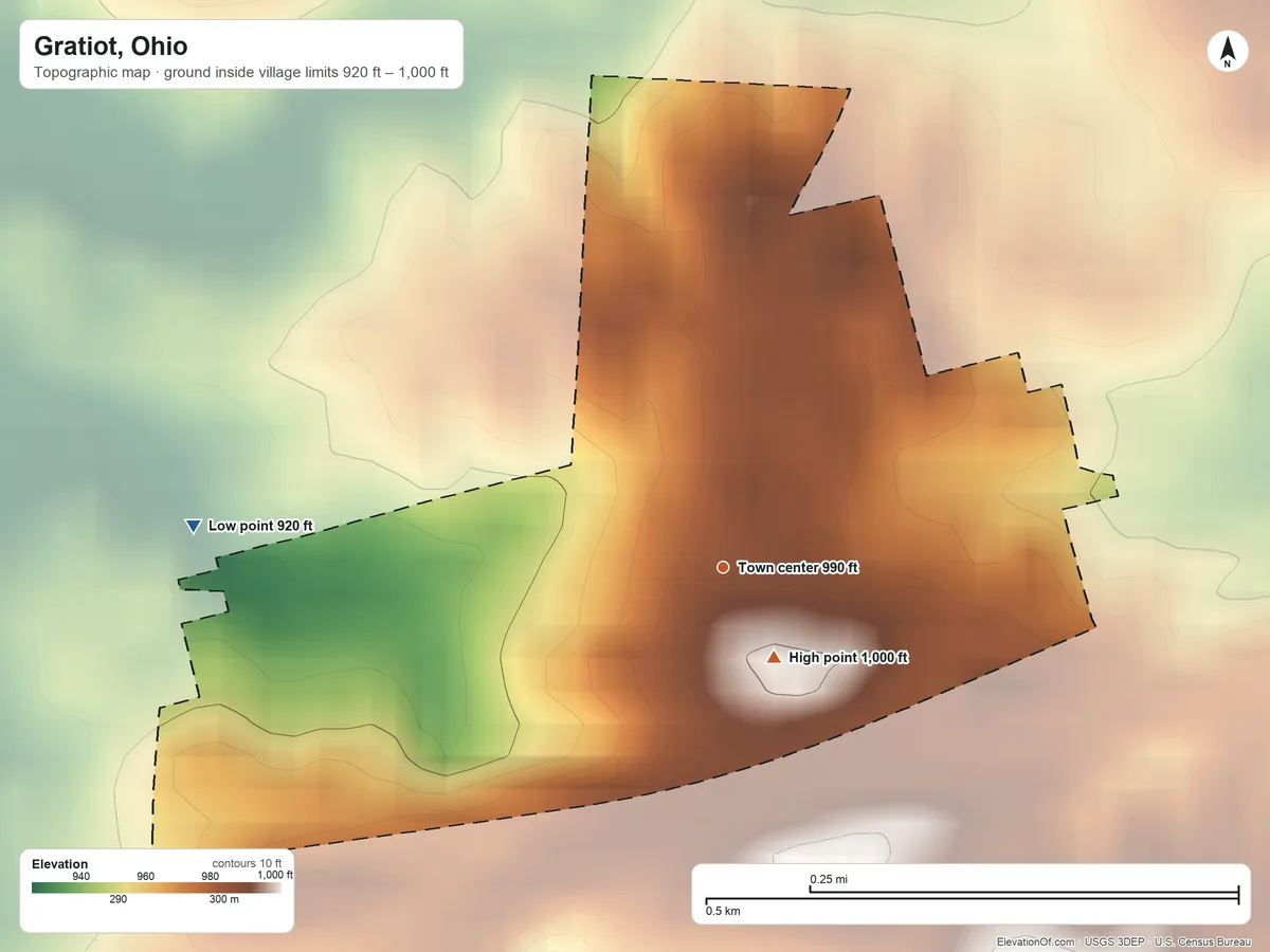 Topographic elevation map of Gratiot, Ohio, shaded from 920 ft on the west side to 1,000 ft near the middle