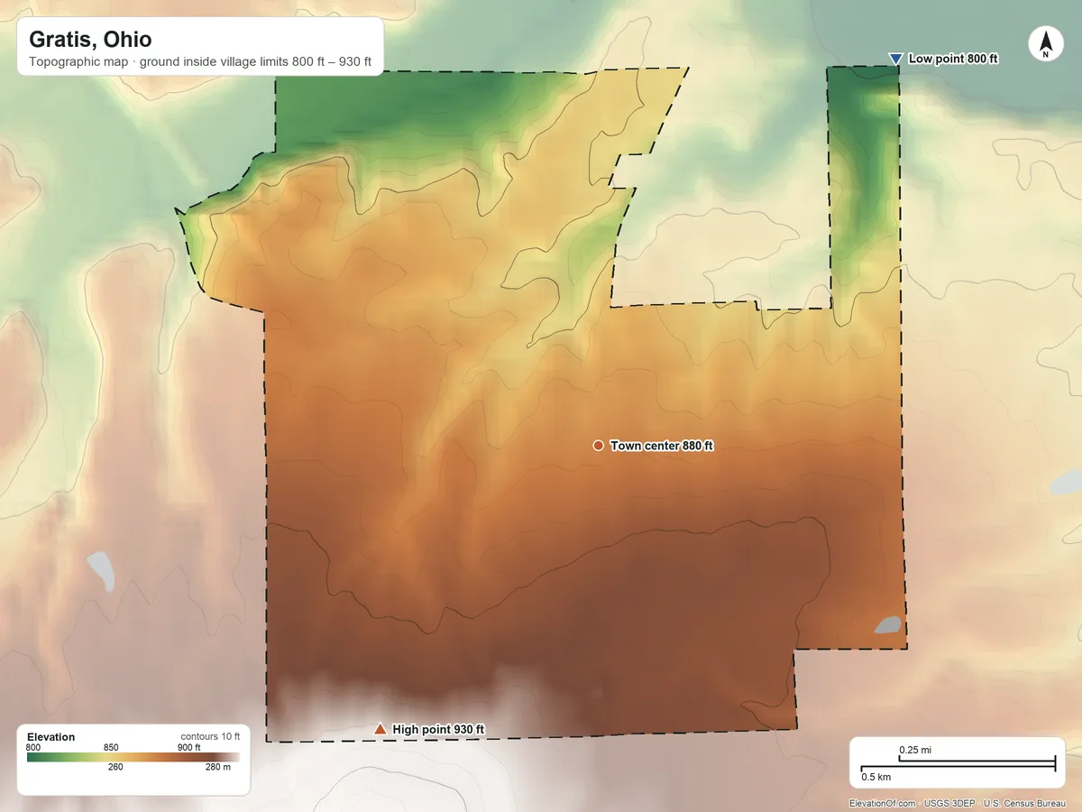 Topographic elevation map of Gratis, Ohio, shaded from 800 ft on the northeast side to 930 ft on the southwest side