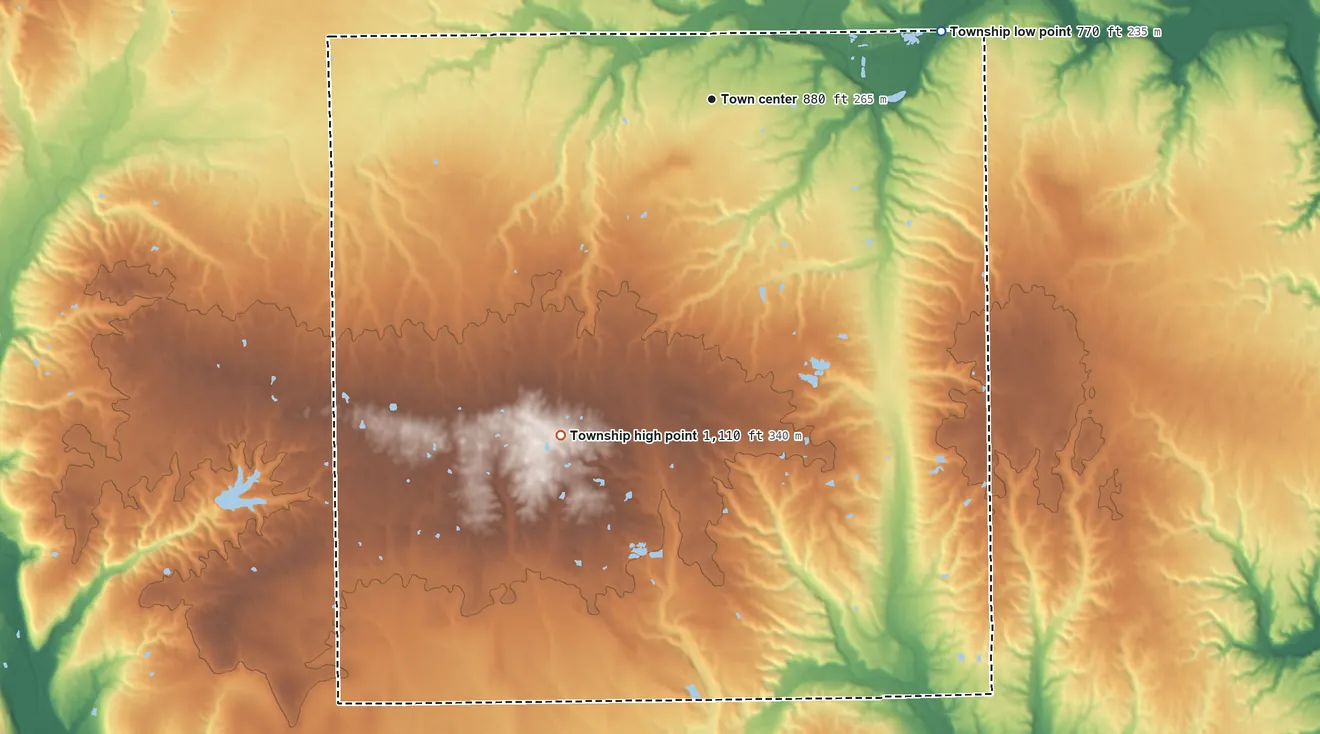 Topographic elevation map of Gratis Township, Ohio, shaded from 770 ft on the east side to 1,110 ft on the southwest side