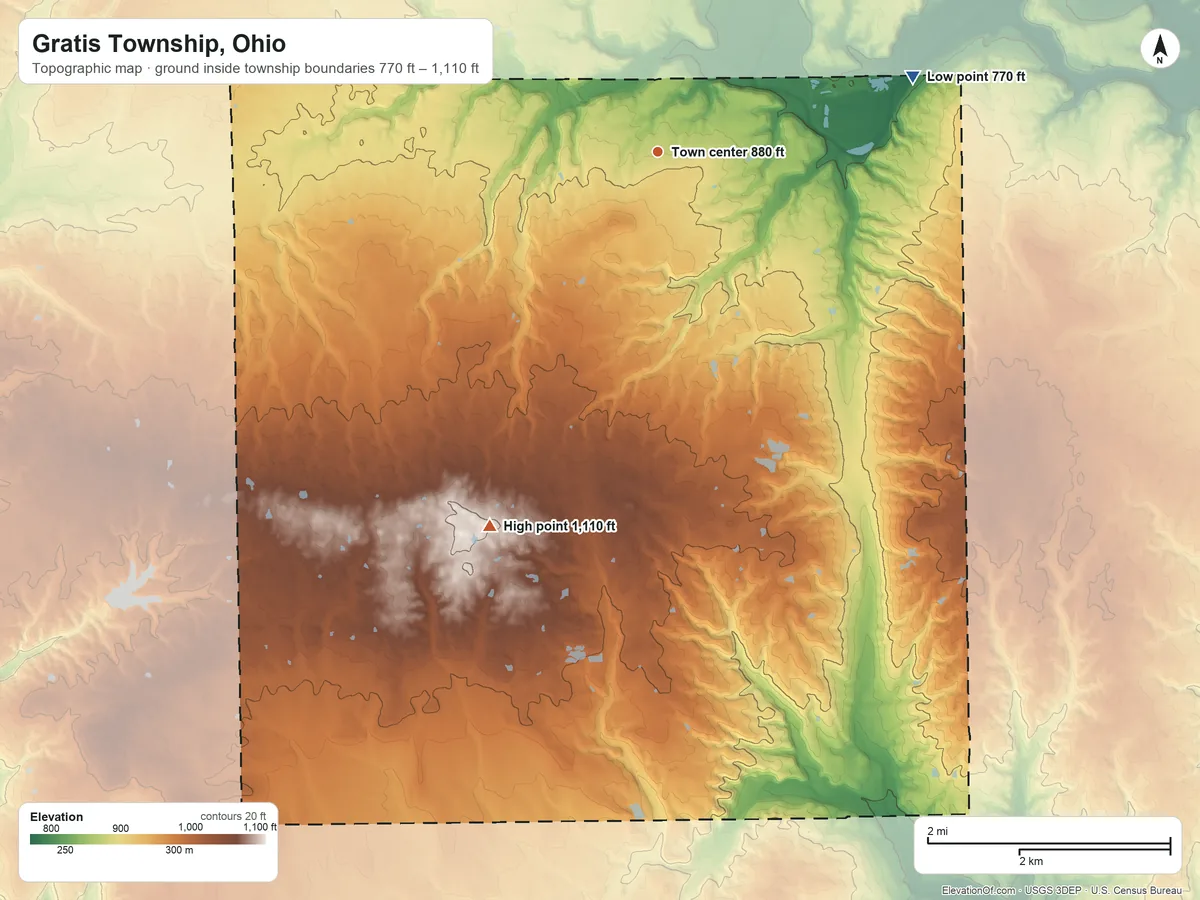 Topographic elevation map of Gratis Township, Ohio, shaded from 770 ft on the east side to 1,110 ft on the southwest side