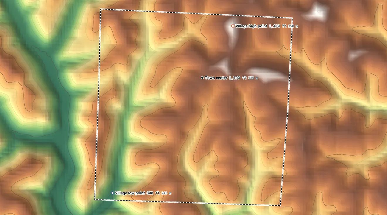 Topographic elevation map of Graysville, Ohio, shaded from 800 ft on the southwest side to 1,150 ft on the northeast side