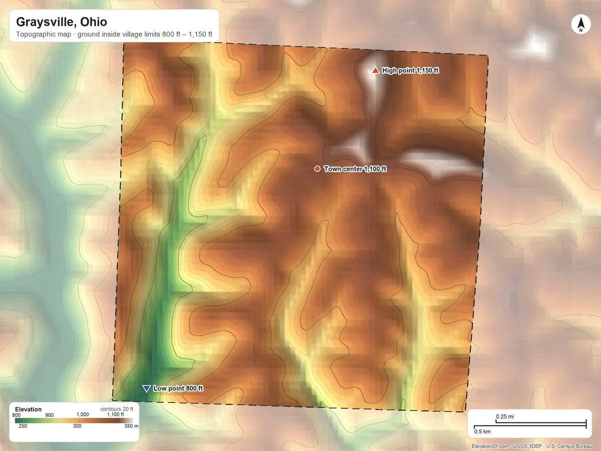 Topographic elevation map of Graysville, Ohio, shaded from 800 ft on the southwest side to 1,150 ft on the northeast side