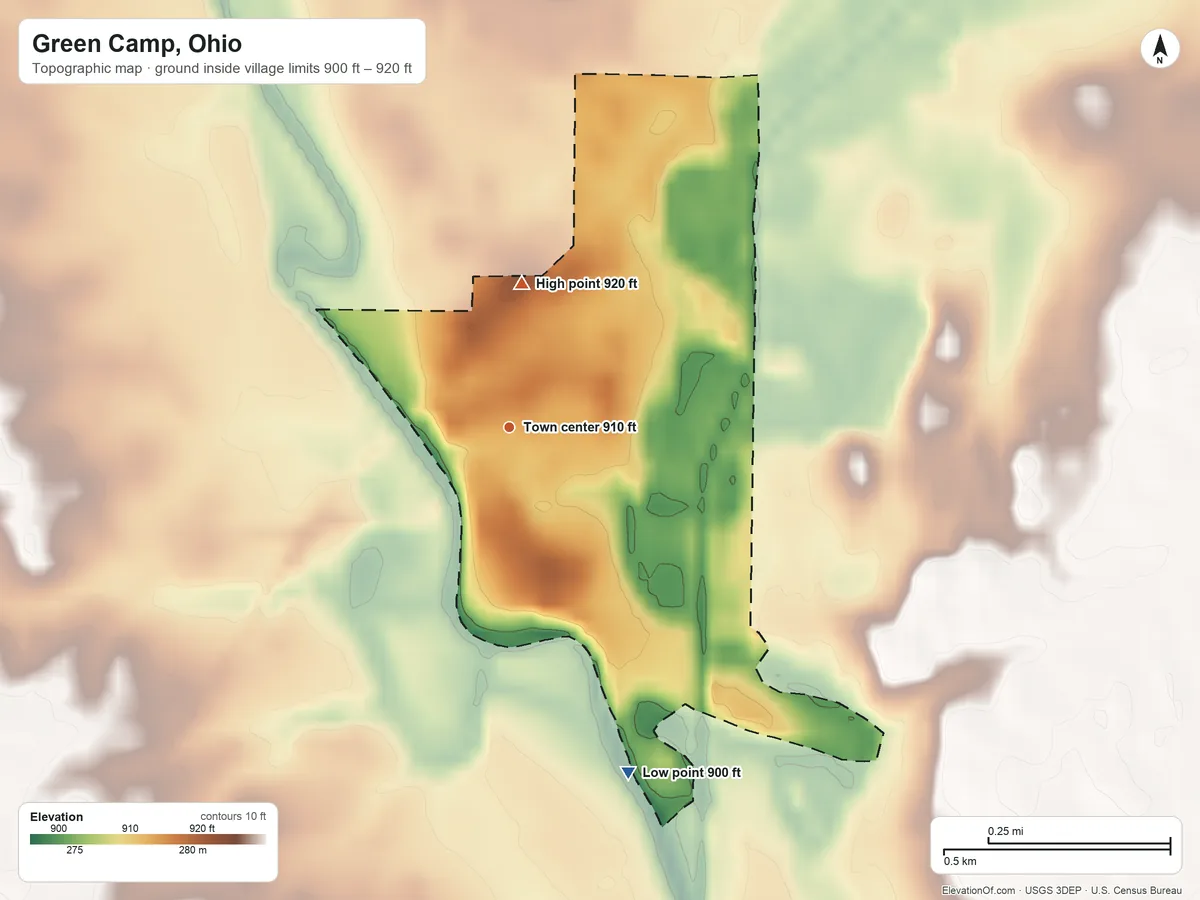 Topographic elevation map of Green Camp, Ohio, shaded from 900 ft on the south side to 920 ft on the north side