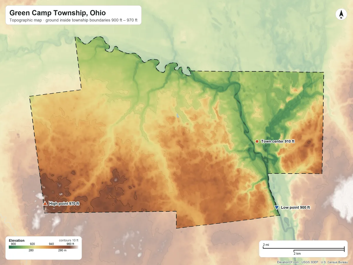 Topographic elevation map of Green Camp Township, Ohio, shaded from 900 ft on the south side to 970 ft on the west side