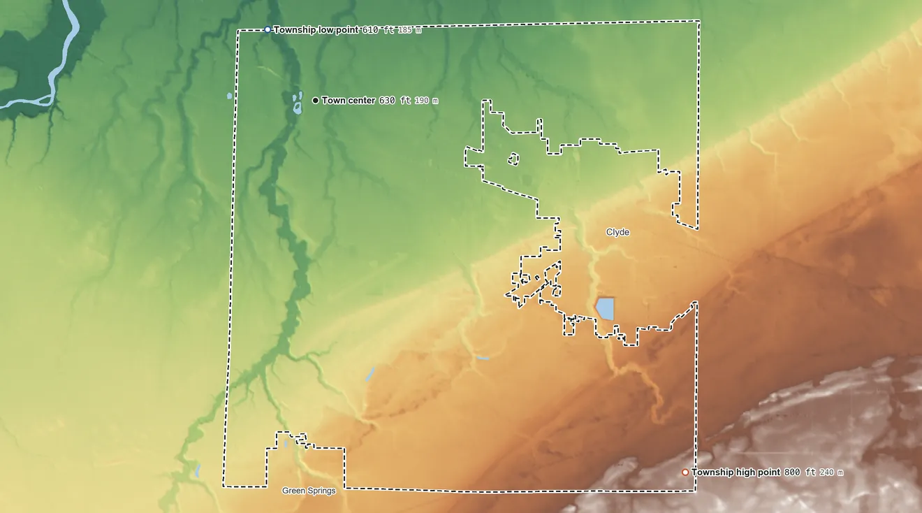 Topographic elevation map of Green Creek Township, Ohio, shaded from 610 ft on the northwest side to 800 ft on the southeast side