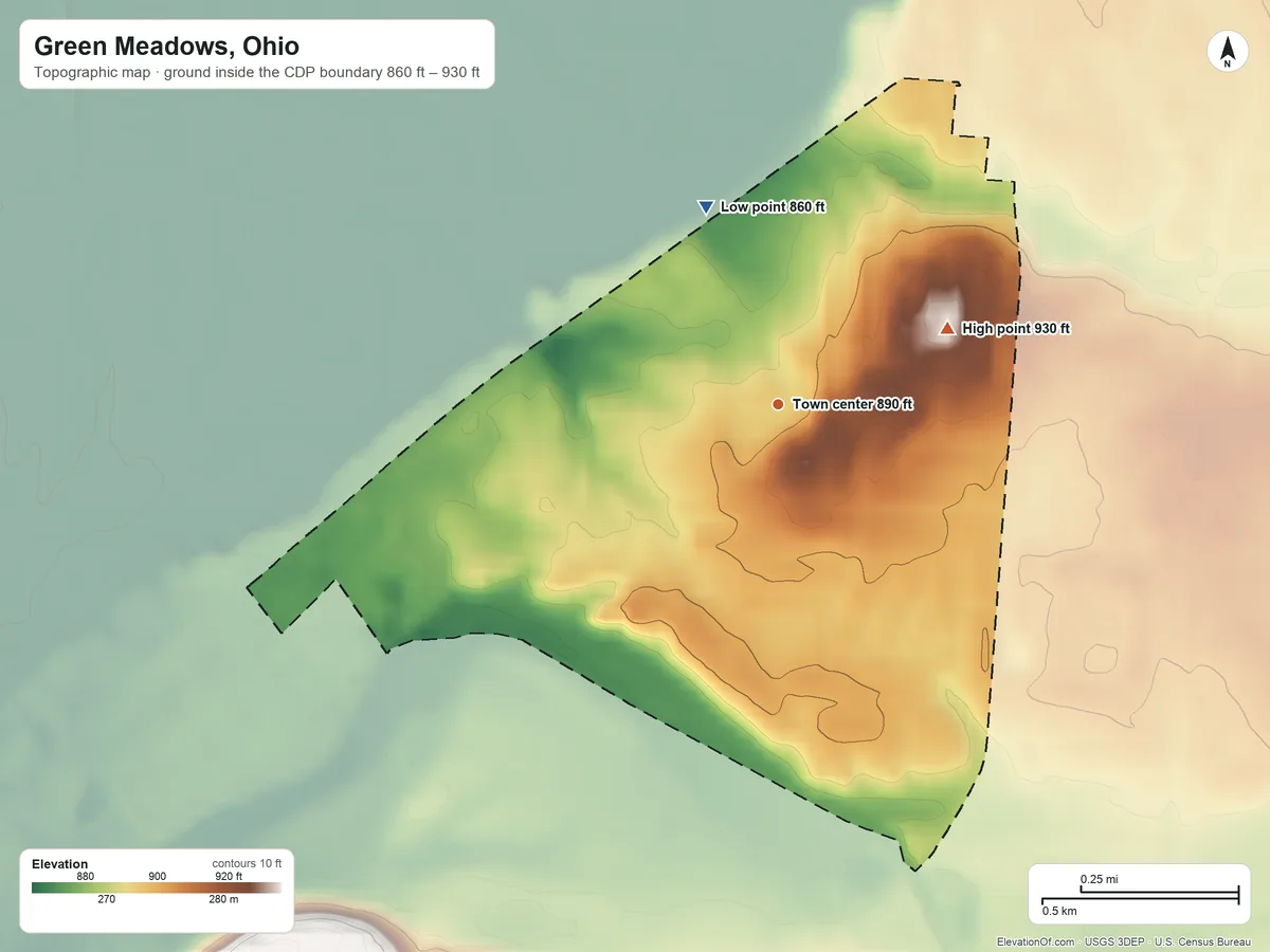 Topographic elevation map of Green Meadows, Ohio, shaded from 860 ft on the north side to 930 ft on the northeast side